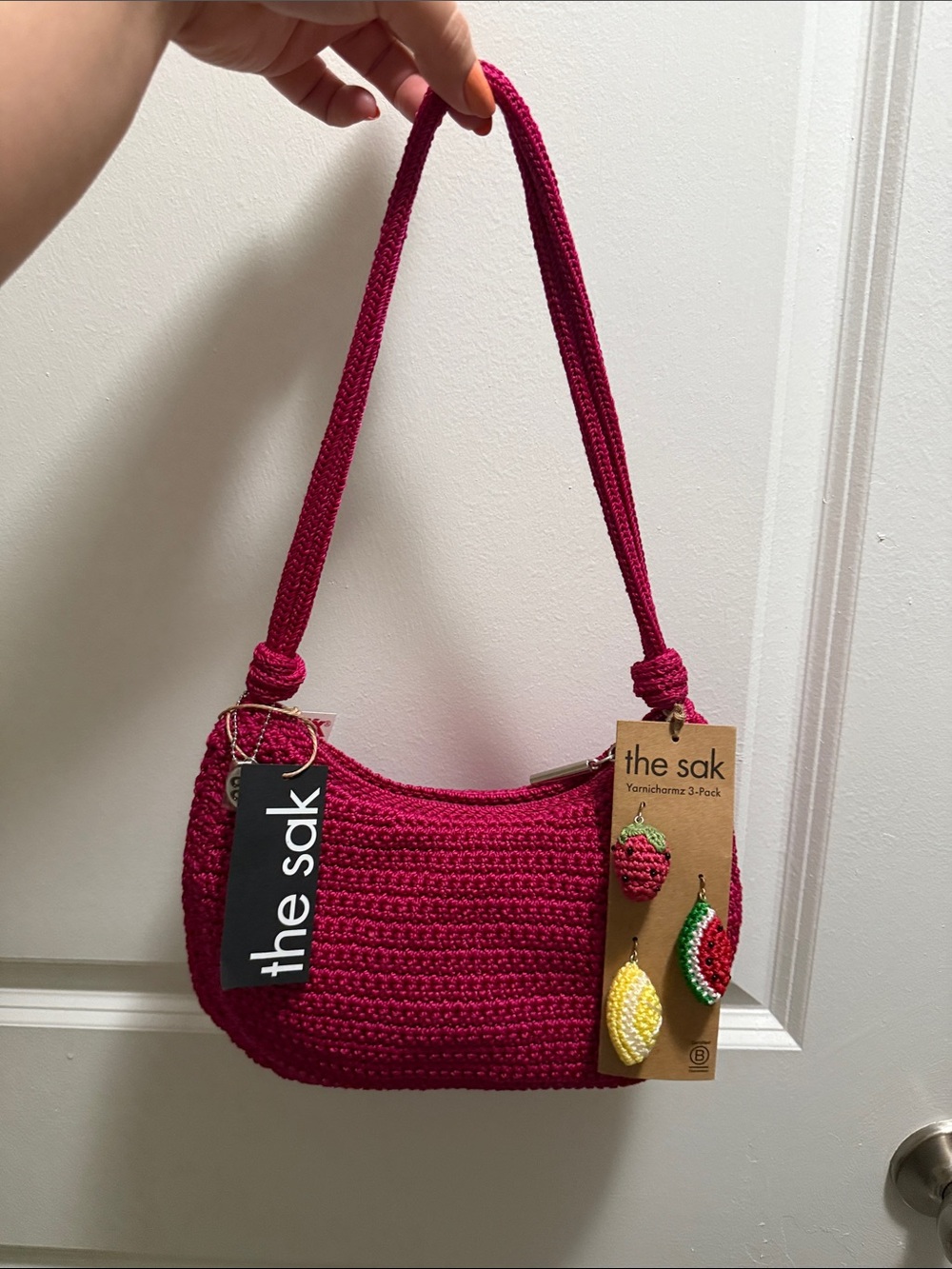 The Sak Crochet Shoulder Bag in Raspberry